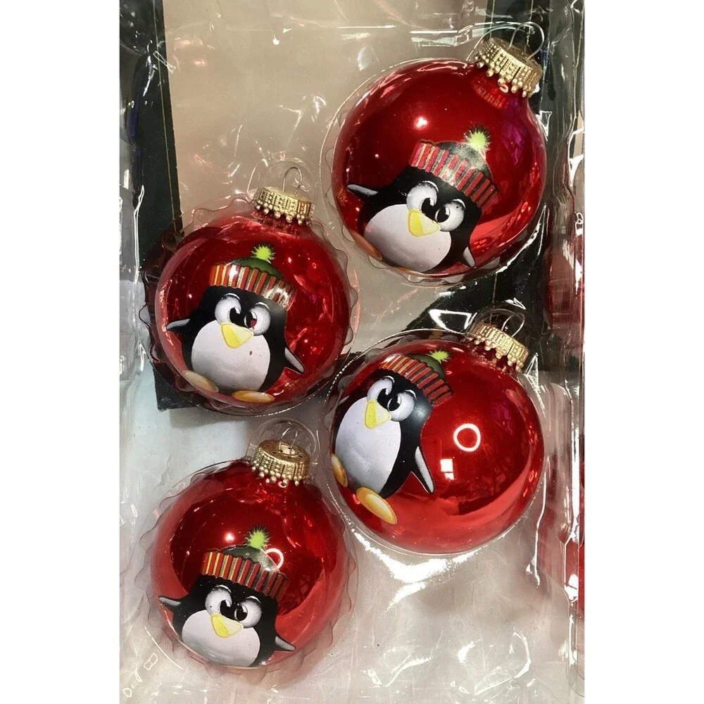 Krebs Glass Ornaments 8 Candy Apple Red Balls With Stocking Cap Penguin 2 Boxes